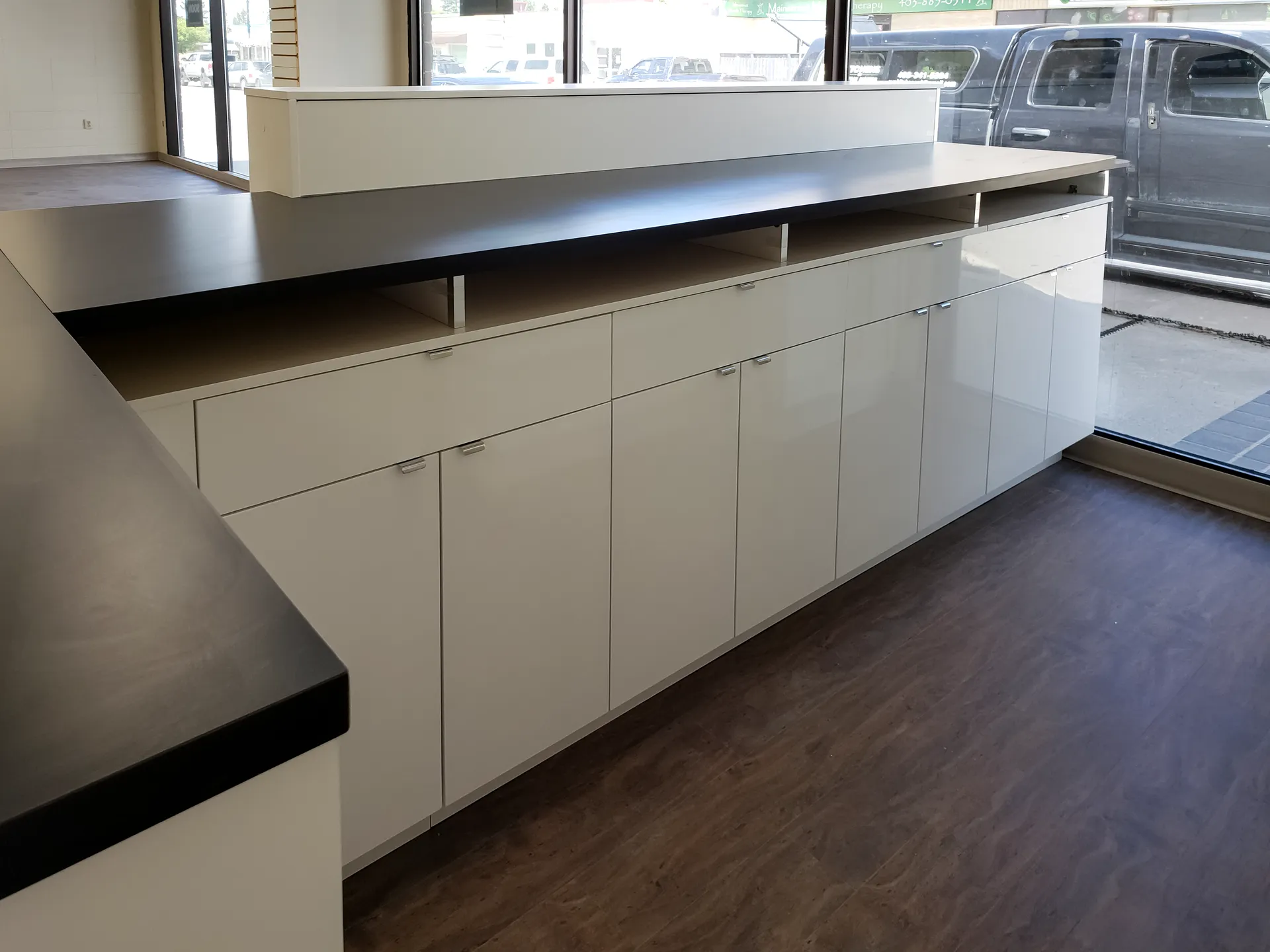 Retail shelving run built for a pharmacy floor